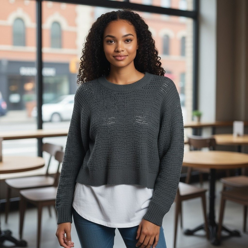 J‎ Crew Womens Sweater Size S Black Cropped Crew Neck Open Knit Cotton